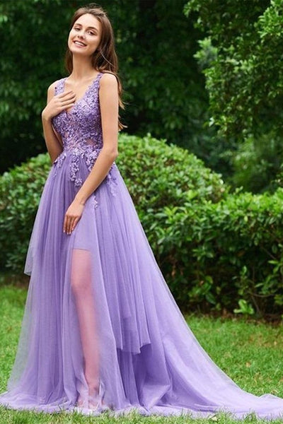 Elegant V Neck Purple Lace Tulle Long Prom Dress, V Neck Purple Formal Dress, Purple Lace Evening Dress A1439