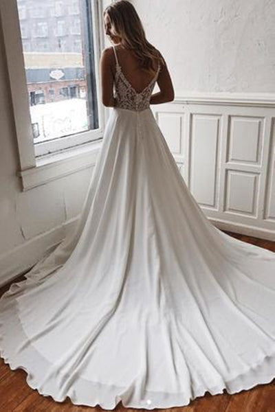 Elegant V Neck White Satin Long Wedding Dress with Lace Back, V Neck White Prom Formal Evening Dress