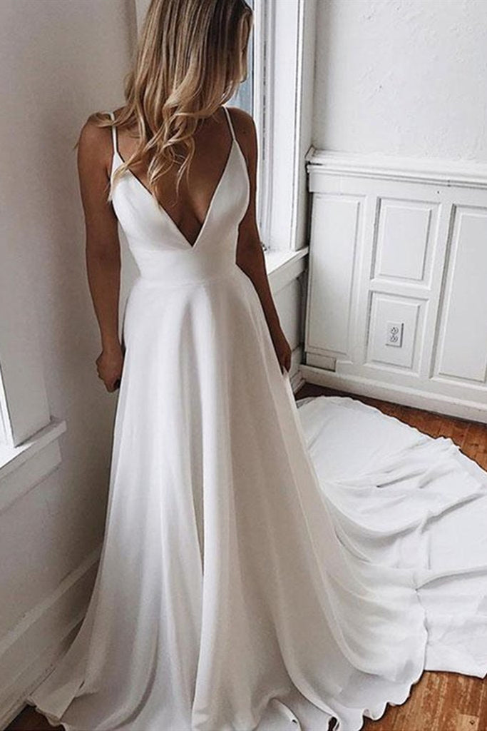 Elegant V Neck White Satin Long Wedding Dress with Lace Back, V Neck White Prom Formal Evening Dress