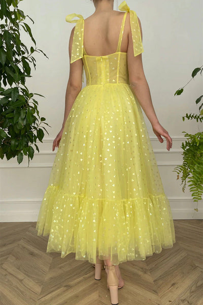 Elegant Yellow Tulle Tea Length Prom Homecoming Dress, Sweetheart Neck Yellow Formal Graduation Evening Dress A1598