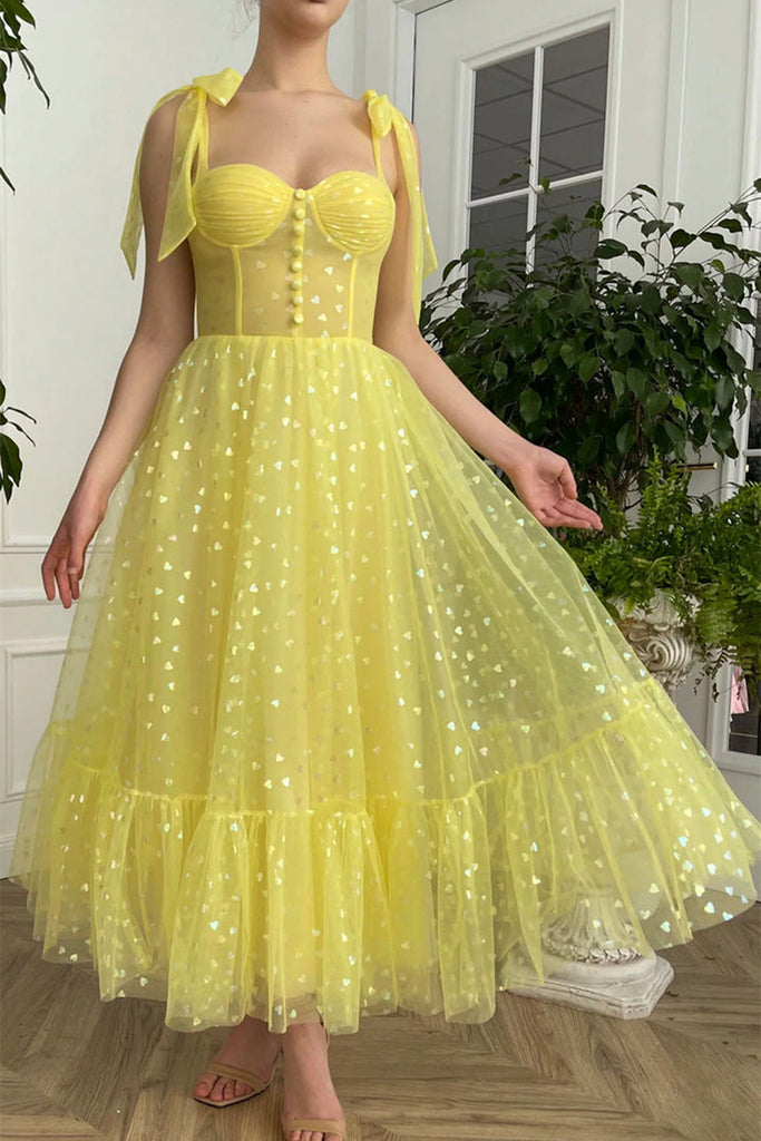 Elegant Yellow Tulle Tea Length Prom Homecoming Dress, Sweetheart Neck abcprom Elegant Yellow Tulle Tea Length Prom Homecoming Dress, Sweetheart Neck abcprom
