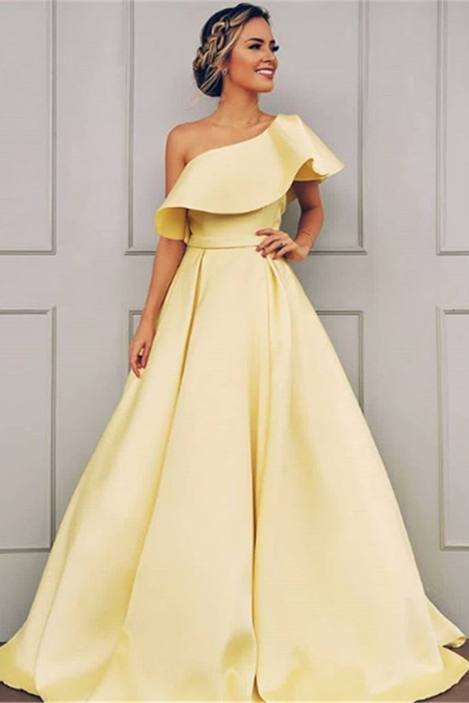 Elegant A Line One Shoulder Floor Length Yellow Satin Long Prom Dresses, Yellow Formal Dresses, Evening Dresses