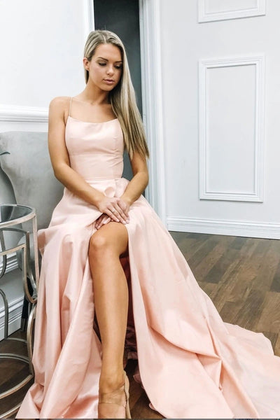 Elegant A Line Satin Long Pink Prom Dress with High Slit, Simple Pink Formal Graduation Evening Dress