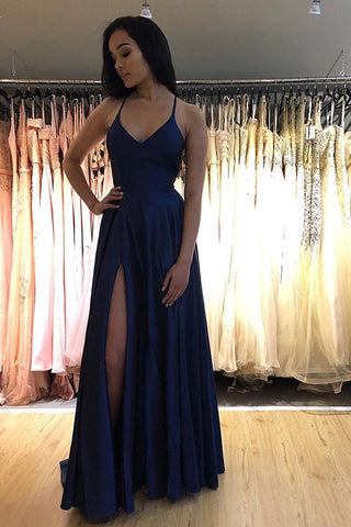 Elegant A Line V Neck Spaghetti Straps Royal Blue Long Prom Dresses with High Split, Royal Blue Formal Dresses, Evening Dresses