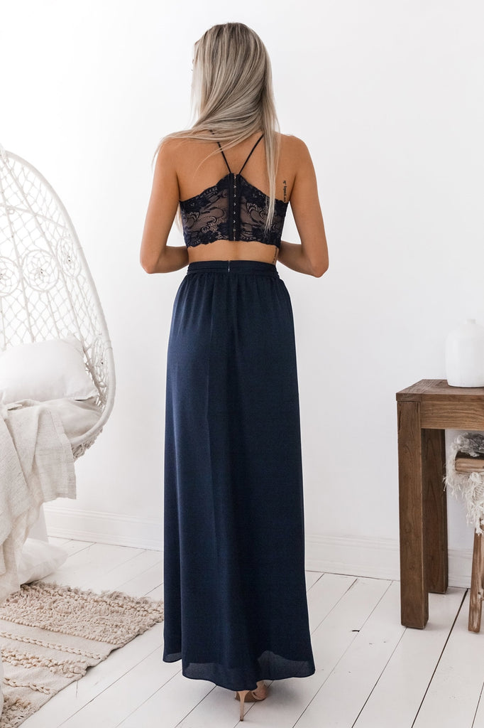 green emerald velvet dress 2 Pieces Long Sleeves Navy Blue Lace Prom Dresses, Navy Blue Two Piece –  jbydress main image 0