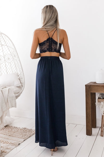 Elegant A Line V Neck Two Pieces Navy Blue Lace Prom Dress with Slit, 2 Pieces Lace Navy Blue Formal Dress, 2 Pieces Navy Blue Evening Dress