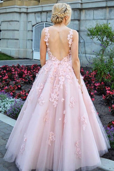 Elegant Backless Lace Appliques Pink Long Prom Dresses, Pink Lace Formal Dresses, Pink Evening Dresses