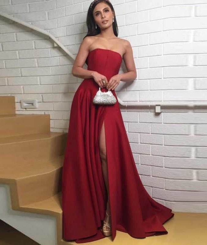 Elegant Dark Red Strapless Satin Long Prom Dresses with Side High Slit abcprom Elegant Dark Red Strapless Satin Long Prom Dresses with Side High Slit abcprom