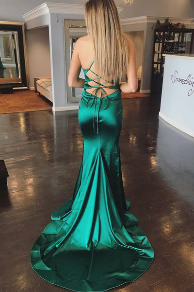 Elegant Green Mermaid Backless Satin Long Prom Dresses with Sweep Train, Green Formal Dresses with Cross Back, Evening Dresses 2019