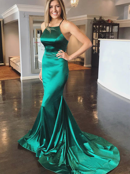 Elegant Green Mermaid Backless Satin Long Prom Dresses with Sweep Train, Green Formal Dresses with Cross Back, Evening Dresses 2019