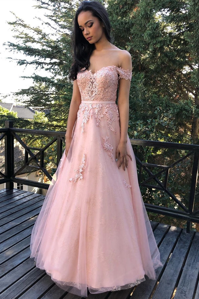 Elegant Off Shoulder Lace Pink Long Prom Dress, Off the Shoulder Pink Lace Formal Dress, Pink Lace Evening Dress