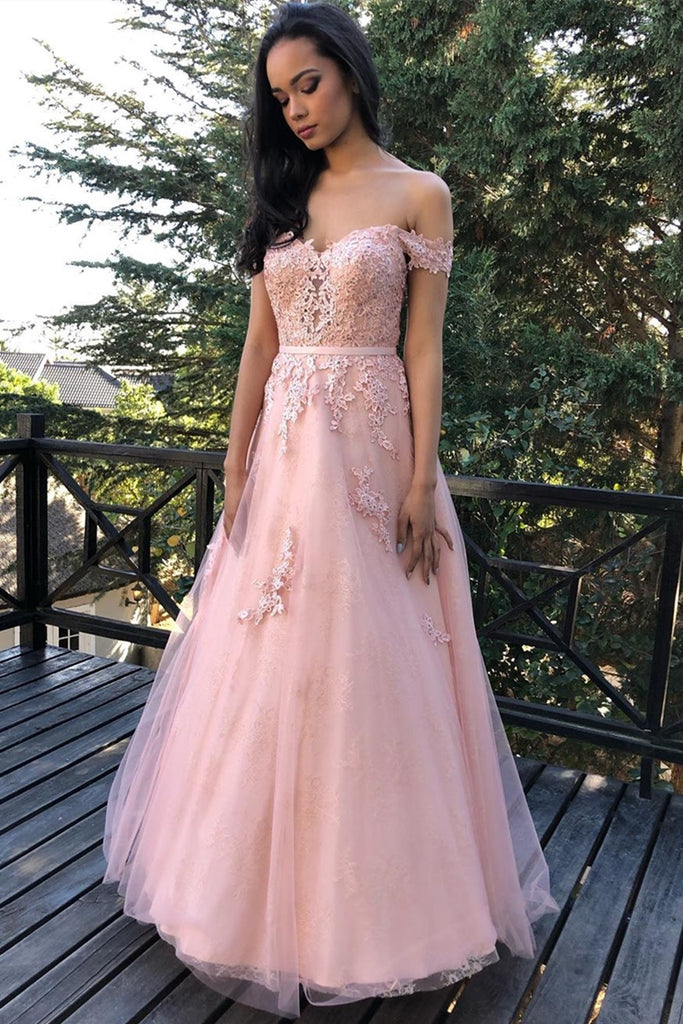 Elegant Off Shoulder Lace Pink Long Prom Dress, Off the Shoulder Pink abcprom Elegant Off Shoulder Lace Pink Long Prom Dress, Off the Shoulder Pink abcprom