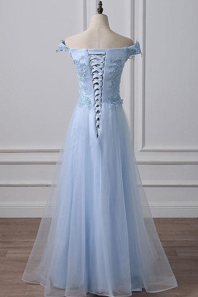 Elegant Off Shoulder Long Sky Blue Lace Prom Dress, Off Shoulder Sky B