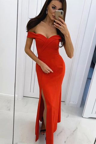 Elegant Off Shoulder Mermaid Red Long Prom Dress with Slit, Mermaid Red Formal Dress, Simple Off Shoulder Red Evening Dress
