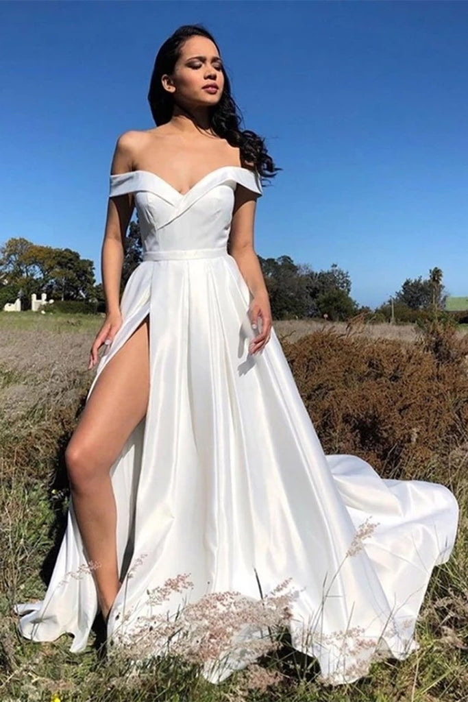 Elegant Off Shoulder White Satin Long Prom Dress with High Slit, Off S abcprom Elegant Off Shoulder White Satin Long Prom Dress with High Slit, Off S abcprom