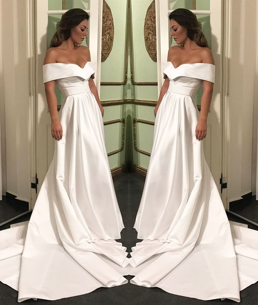Elegant Off Shoulder White Satin Long Prom Dresses, White Off Shoulder abcprom Elegant Off Shoulder White Satin Long Prom Dresses, White Off Shoulder abcprom