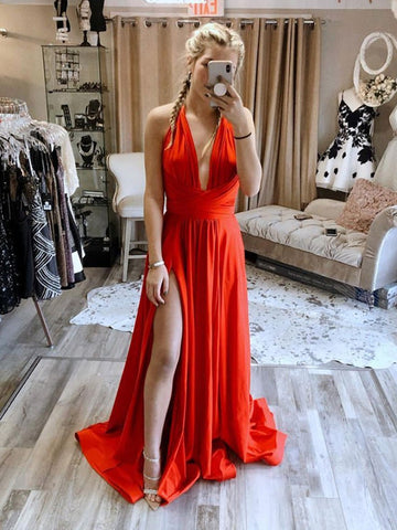 Elegant Red Halter V Neck Long Prom Dresses with Leg Split, Red Formal Dresses, Evening Dresses