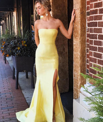 Elegant Strapless Mermaid Yellow Satin Long Prom Dresses with Leg Slit, Yellow Formal Dresses, Yellow Graduation Dresses