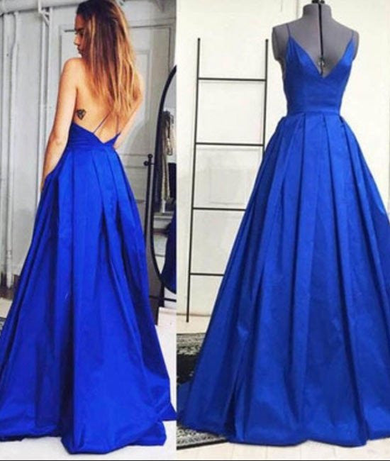 Elegant V-neck Ruffles A-line Backless Royal Blue Prom Dresses, Evening Dresses