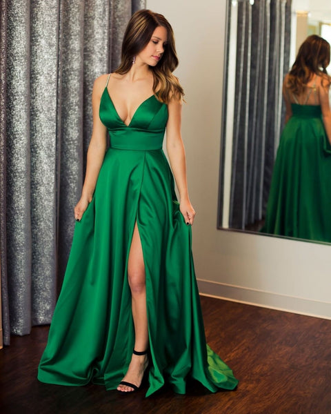 Elegant V Neck Backless Emerald Green Long Prom Dress with Slit, Backless Emerald Green Formal Graduation Evening Dress