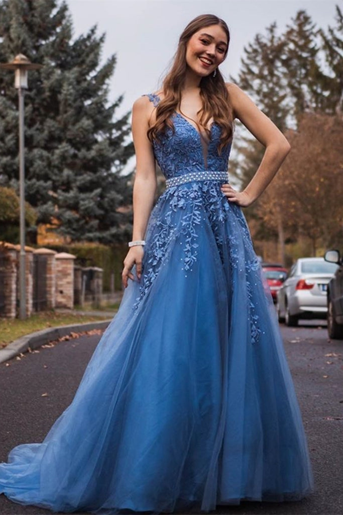 Elegant V Neck Beaded Blue Lace Appliques Long Prom Dress Blue