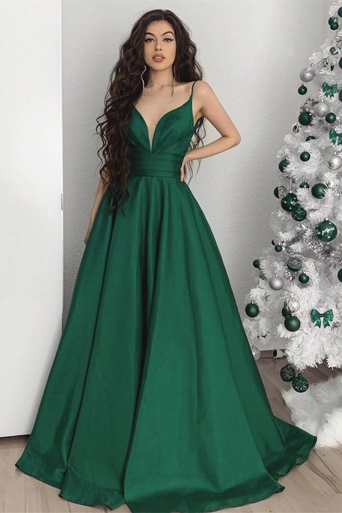 Elegant V Neck Emerald Green Satin Long Prom Dress, V Neck Green Forma –  abcprom