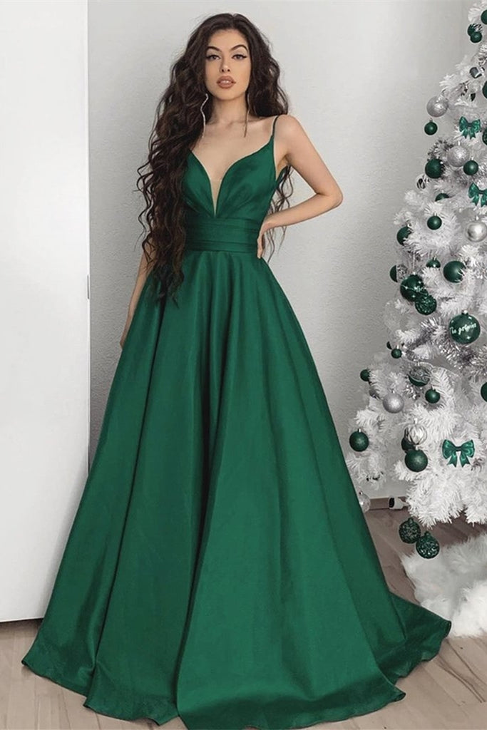 Elegant V Neck Emerald Green Satin Long Prom Dress V Neck Green Formal Graduation Evening Dress