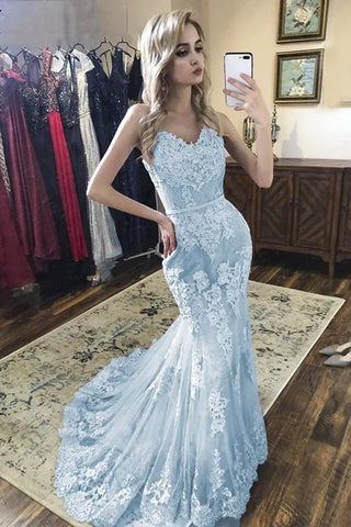 Elegant V Neck Mermaid Lace Blue Long Prom Dress, Mermaid Blue Lace Formal Dress, Mermaid Blue Evening Dress