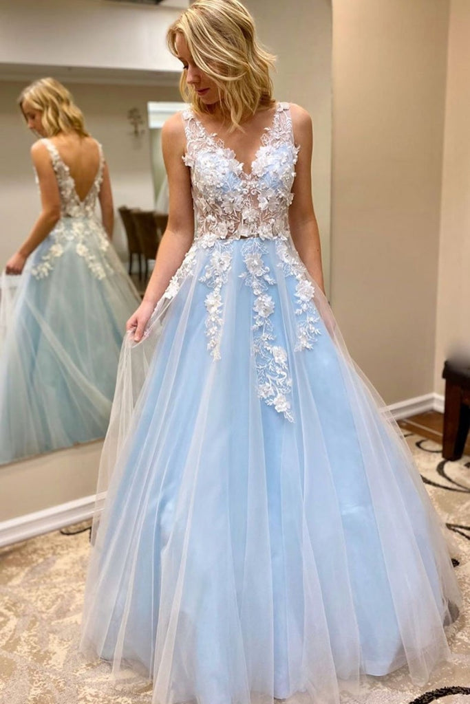 Elegant V Neck Open Back White Lace Appliques Blue Long Prom Dress, V Neck Lace Blue Formal Dress, Lace Blue Evening Dress