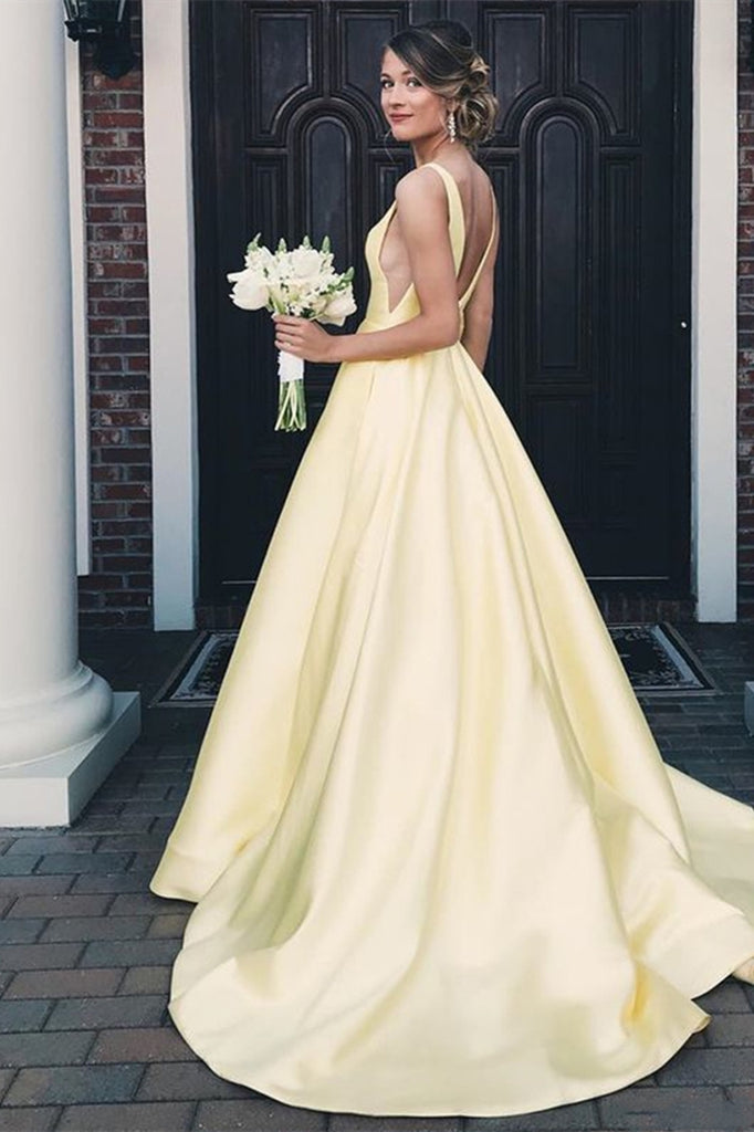 Elegant V Neck Open Back Yellow Long Prom Dress, Yellow Formal Graduat abcprom Elegant V Neck Open Back Yellow Long Prom Dress, Yellow Formal Graduat abcprom