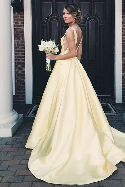 Elegant V Neck Open Back Yellow Long Prom Dress, Yellow Formal Graduation Evening Dress, Party Dress