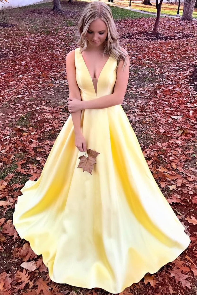 Elegant V Neck Open Back Yellow Long Prom Dress, Yellow Formal Graduat abcprom Elegant V Neck Open Back Yellow Long Prom Dress, Yellow Formal Graduat abcprom