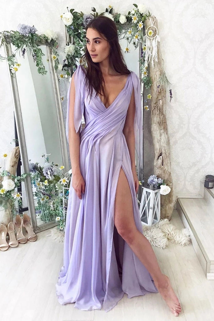 Elegant V Neck Purple Chiffon Long Prom Dress, V Neck Purple Formal Dress, Purple Evening Dress