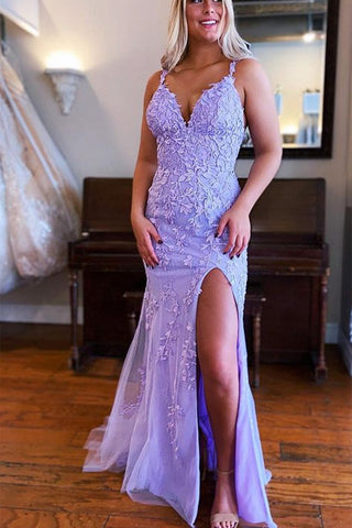 Fashion Purple Lace Appliques V Neck Mermaid Long Prom Dress with High Slit, Mermaid Purple Formal Dress, Purple Lace Evening Dress A1535