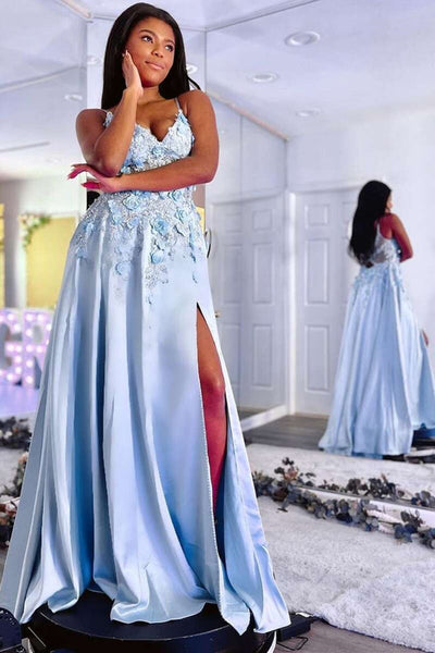 Fashion V Neck Blue Lace Floral Long Prom Dress with High Slit, Open Back Blue Formal Evening Dress with 3D Flowers A1548