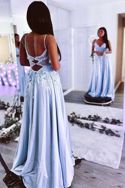 Fashion V Neck Blue Lace Floral Long Prom Dress with High Slit, Open Back Blue Formal Evening Dress with 3D Flowers A1548
