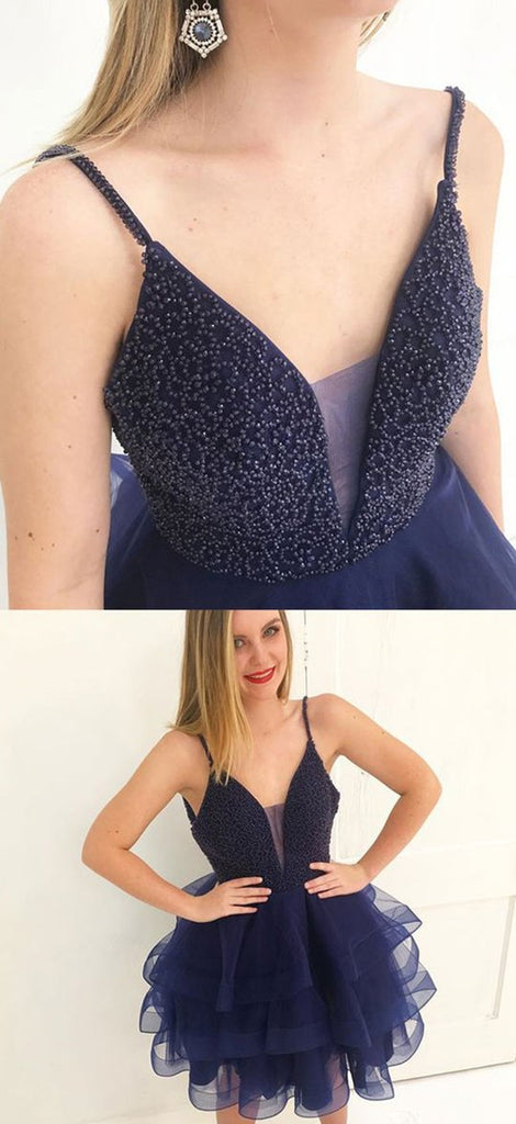 Fluffy V Neck Beaded Navy Blue Short Prom Dress, Navy Blue Formal Grad abcprom Fluffy V Neck Beaded Navy Blue Short Prom Dress, Navy Blue Formal Grad abcprom