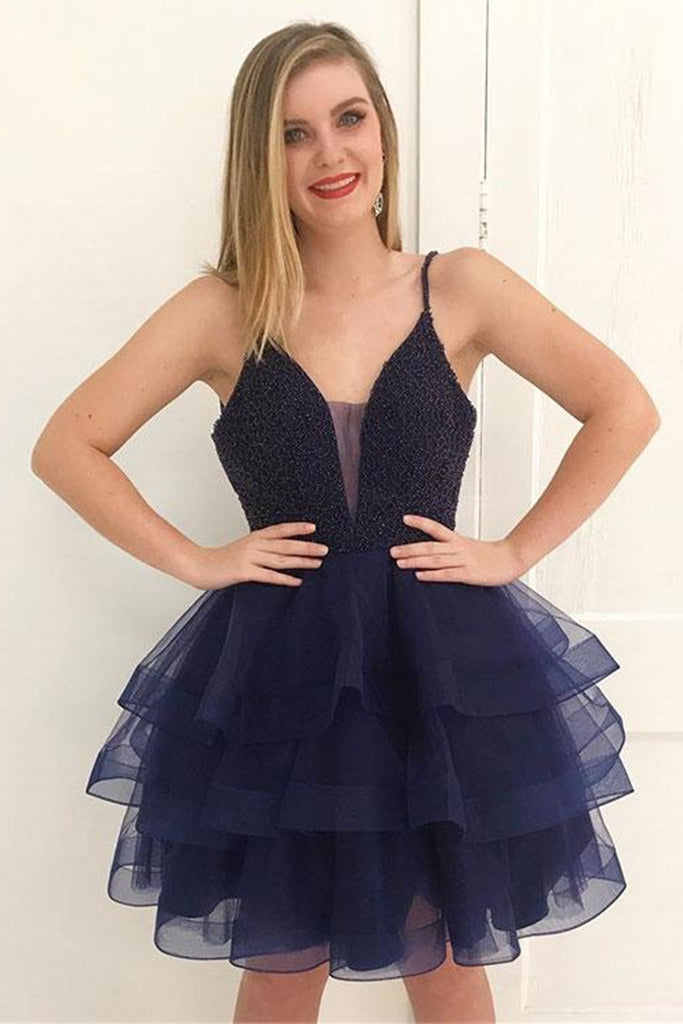 Fluffy V Neck Beaded Navy Blue Short Prom Dress, Navy Blue Formal Grad abcprom Fluffy V Neck Beaded Navy Blue Short Prom Dress, Navy Blue Formal Grad abcprom