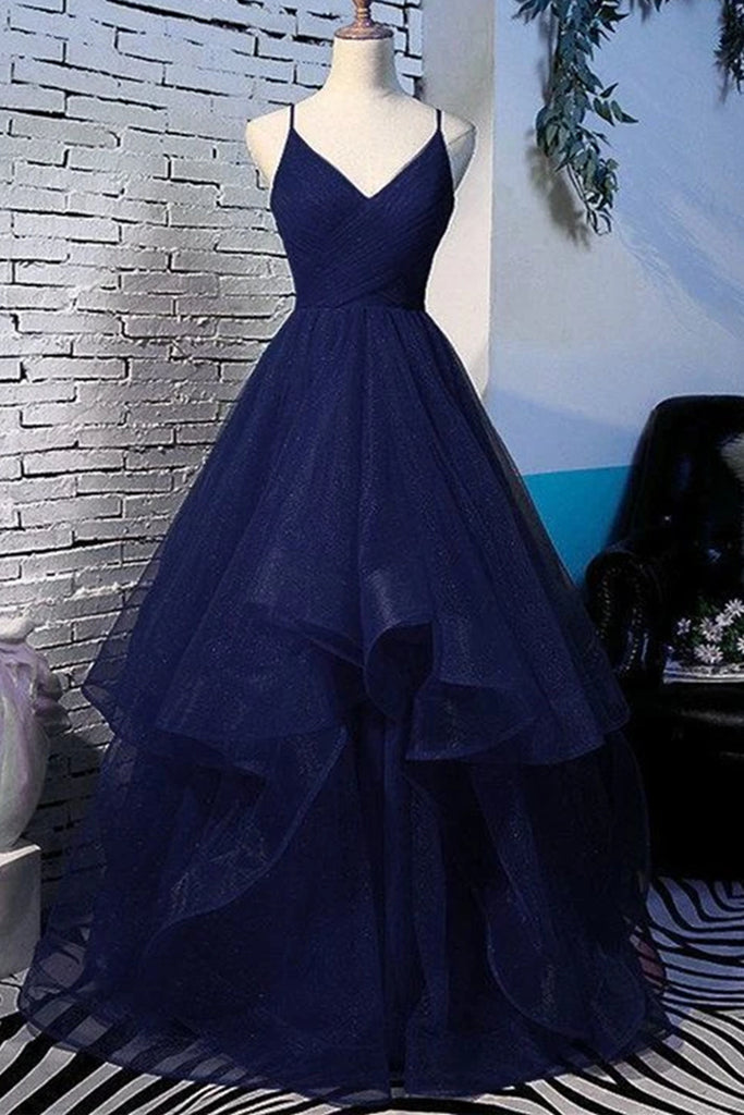 Fluffy V Neck Navy Blue Long Prom Dress with Straps, V Neck Navy Blue abcprom Fluffy V Neck Navy Blue Long Prom Dress with Straps, V Neck Navy Blue abcprom