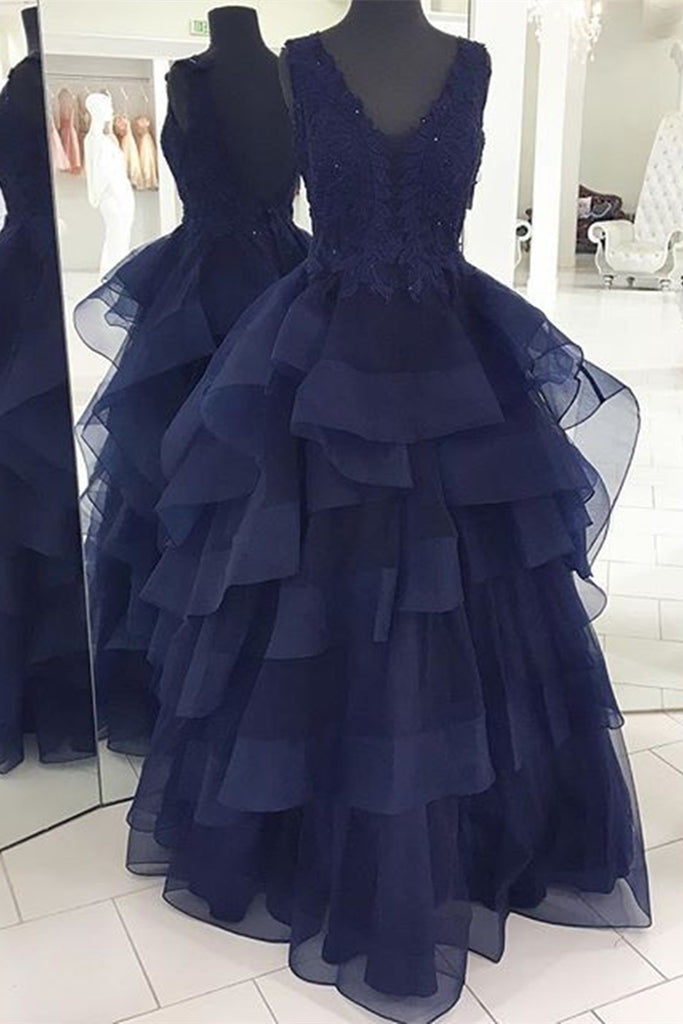 Fluffy V Neck Backless Navy Blue Lace Long Prom Dress, Open Back Navy abcprom Fluffy V Neck Backless Navy Blue Lace Long Prom Dress, Open Back Navy abcprom