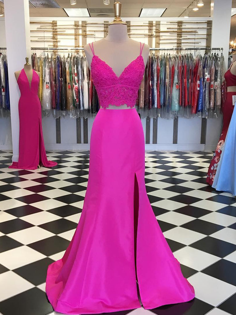 Fuchsia V Neck Two Pieces Mermaid Lace Top Satin Long Prom Dress with abcprom Fuchsia V Neck Two Pieces Mermaid Lace Top Satin Long Prom Dress with abcprom