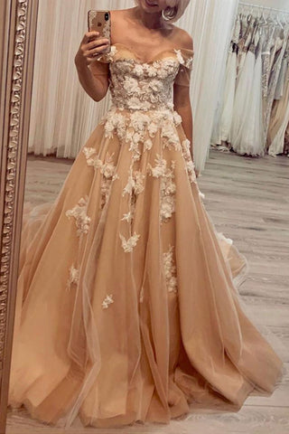 Glamorous Off the Shoulder Champagne Lace Long Prom Dress, Off Shoulder Champagne Formal Dress, Champagne Lace Evening Dress