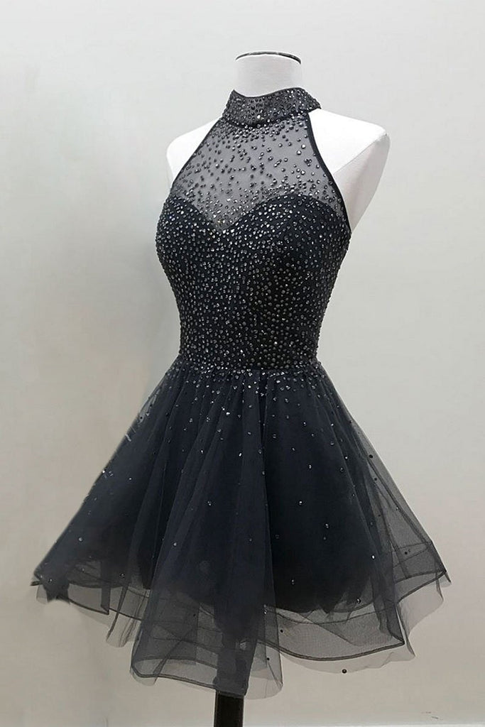 Glamorous A Line High Neck Beaded Tulle Short Black Prom Dresses, Bead abcprom Glamorous A Line High Neck Beaded Tulle Short Black Prom Dresses, Bead abcprom