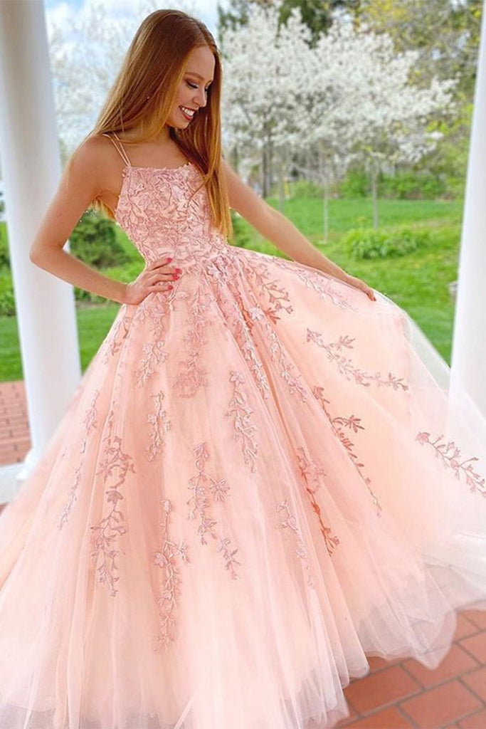 Gorgeous A Line Long Pink Lace Prom Dress with Straps, Pink Lace Formal Graduation Evening Dress