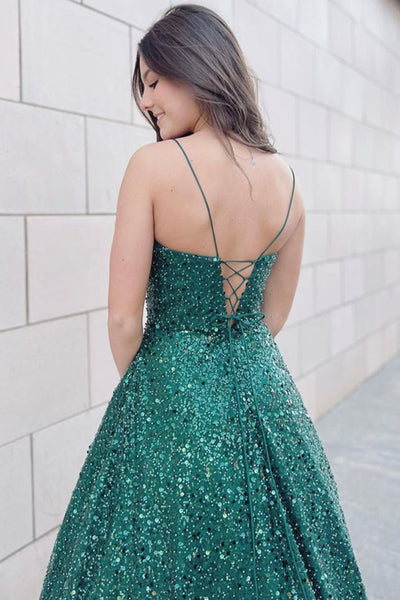 Gorgeous Backless Green Sequins Long Prom Dress, Sparkly Green Sequins Formal Graduation Evening Dress A1573
