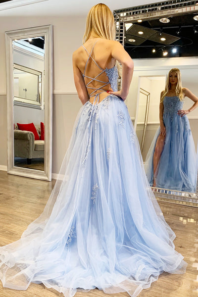 Gorgeous Backless Light Blue Floral Lace Long Prom Dress with Slit, Light Blue Lace Formal Dress, Light Blue Evening Dress