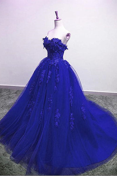 Gorgeous Blue Lace Floral Long Prom Dress, Blue Appliques Formal Evening Dress, Blue Ball Gown