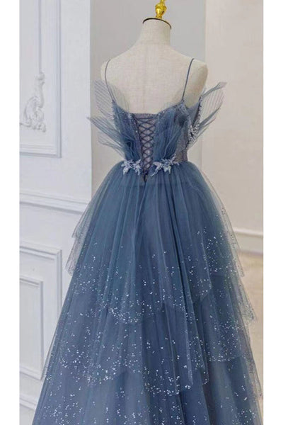 Gorgeous Blue Sparkly Tulle Beaded Long Prom Dress, Blue Tulle Formal Evening Dresses With Rhinestone A1843