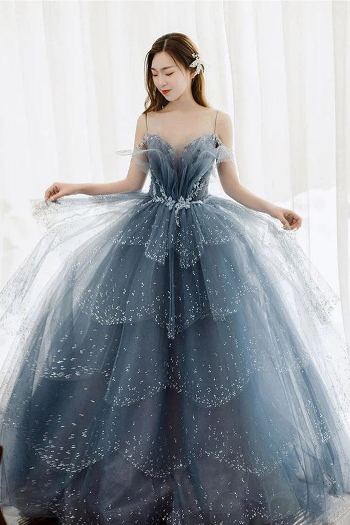 tulle prom dress blue Gorgeous Blue Sparkly Tulle Beaded Long Prom Dress, Blue Tulle Formal – abcprom