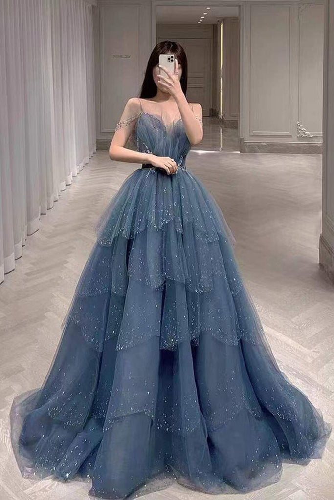 Gorgeous Blue Sparkly Tulle Beaded Long Prom Dress, Blue Tulle Formal abcprom Gorgeous Blue Sparkly Tulle Beaded Long Prom Dress, Blue Tulle Formal abcprom